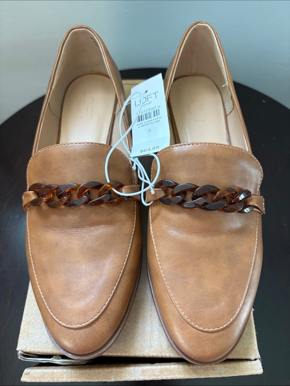 NWT LOFT Brown Slip-On Loafers with Tortoiseshell Chain Accent - Size 8